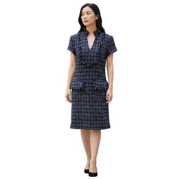 Sail to Sable Dress Womens Sz 2 Navy Blue Tweed Bouclé Luxury Retro Office Chic - Picture 1 of 11